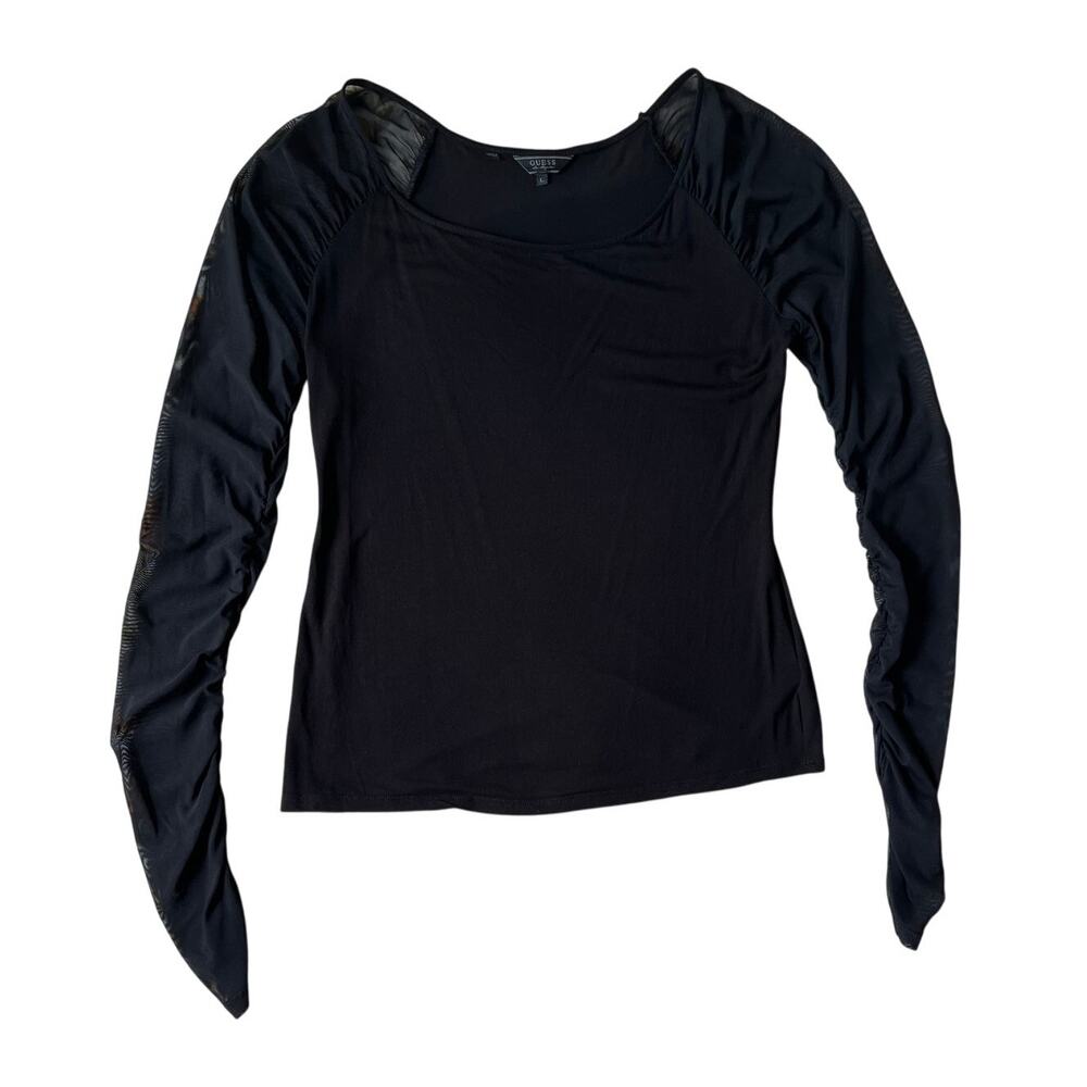 GUESS Ruched Sheer Mesh Long Sleeve Top